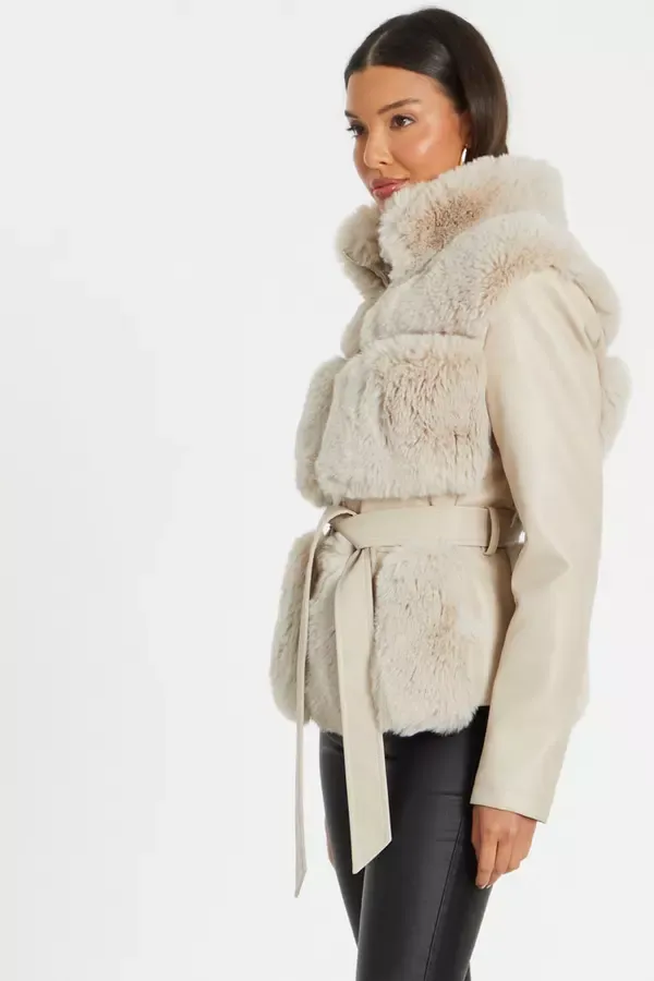 Quiz Clothing Jackets and Coats Stone Faux Fur Contrast Belted Jacket 8211 Women Quiz Clothing Jackets and Coats Stone Faux Fur Contrast Belted Jacket 8211 Women