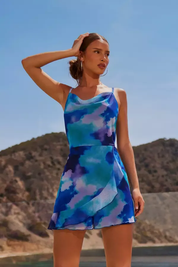 Quiz Clothing Jumpsuits Blue Tie Dye Print Cowl Neck Mesh Playsuit 8211 Women