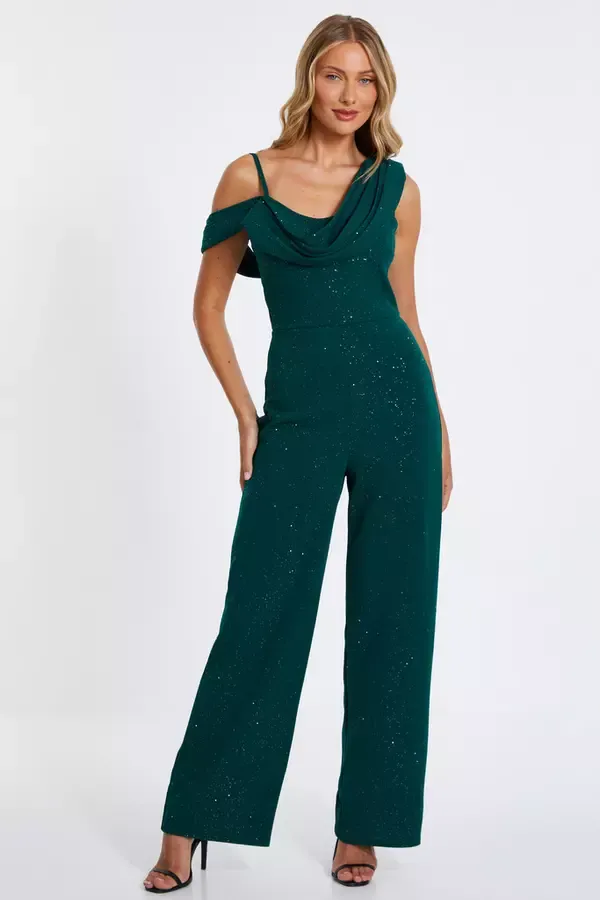 Quiz Clothing Jumpsuits Bottle Green Glitter Palazzo Jumpsuit 8211 Women