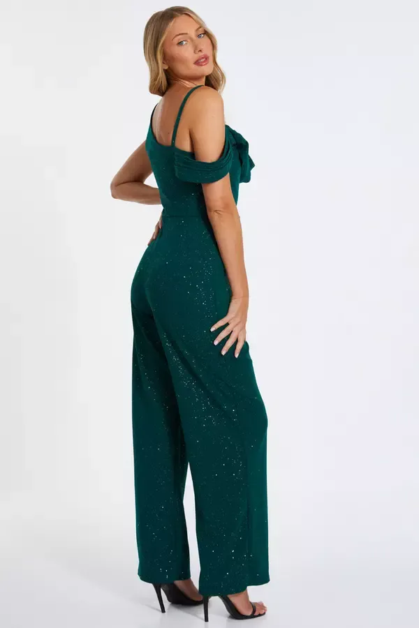 Quiz Clothing Jumpsuits Bottle Green Glitter Palazzo Jumpsuit 8211 Women