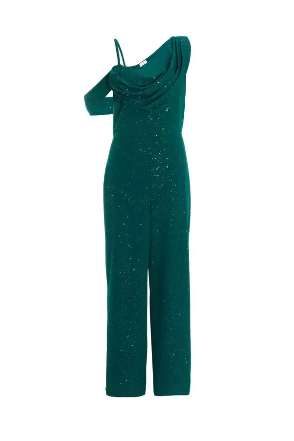 Quiz Clothing Jumpsuits Bottle Green Glitter Palazzo Jumpsuit 8211 Women