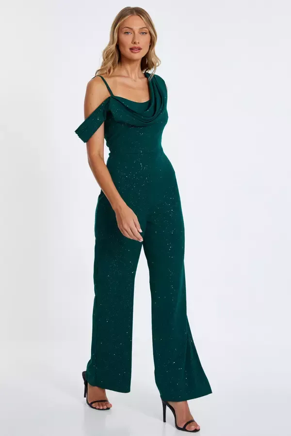 Quiz Clothing Jumpsuits Bottle Green Glitter Palazzo Jumpsuit 8211 Women