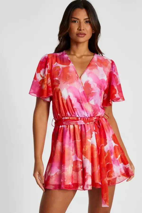 Quiz Clothing Playsuits Pink Floral Metallic Wrap Playsuit 8211 Women