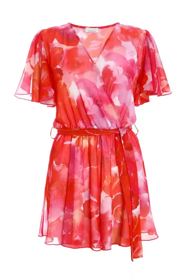 Quiz Clothing Playsuits Pink Floral Metallic Wrap Playsuit 8211 Women