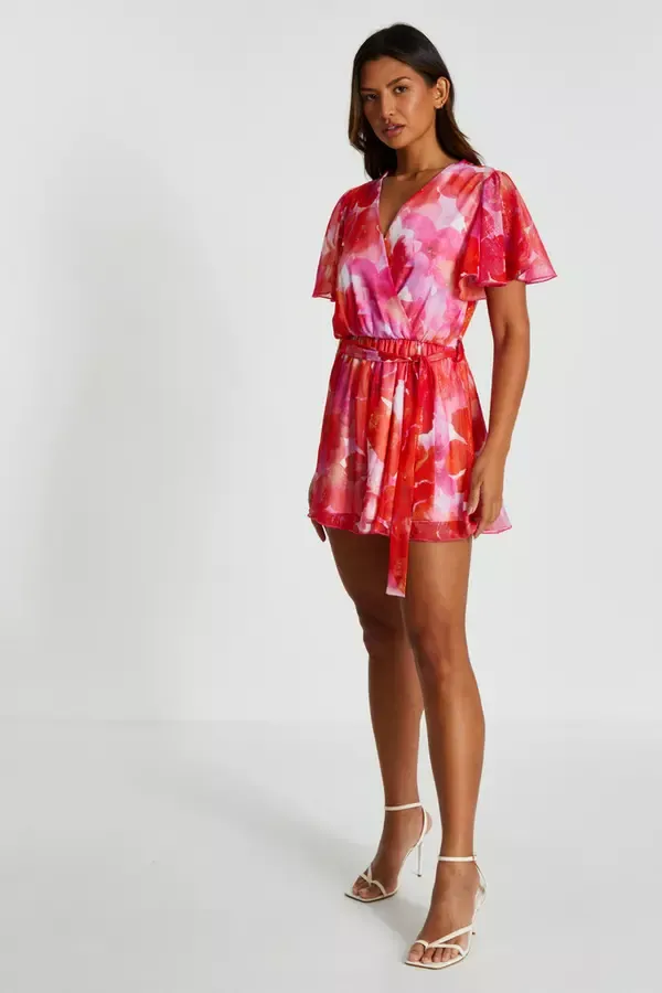Quiz Clothing Playsuits Pink Floral Metallic Wrap Playsuit 8211 Women