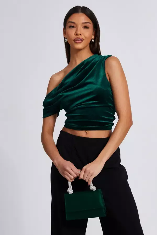 Quiz Clothing Tops Bottle Green Velvet Asymmetric Top 8211 Women