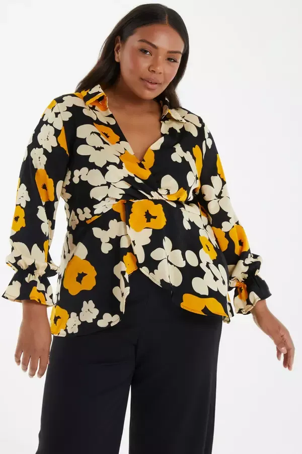Quiz Clothing Tops Curve Black Floral Satin Frill Cuff Blouse 8211 Women