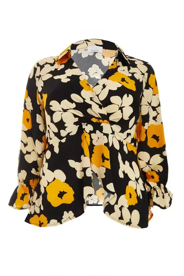 Quiz Clothing Tops Curve Black Floral Satin Frill Cuff Blouse 8211 Women