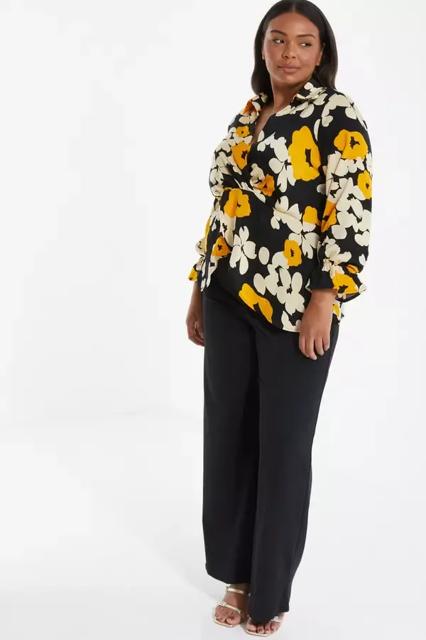 Quiz Clothing Tops Curve Black Floral Satin Frill Cuff Blouse 8211 Women