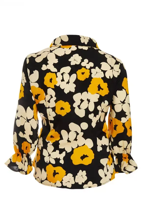 Quiz Clothing Tops Curve Black Floral Satin Frill Cuff Blouse 8211 Women