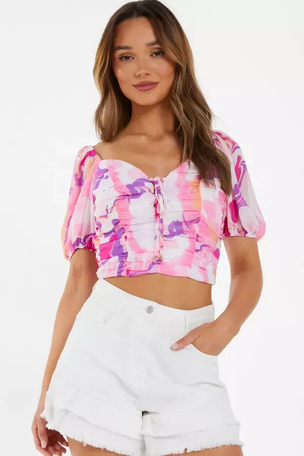 Quiz Clothing Tops Pink Satin Marble Print Lace Up Crop Top 8211 Women