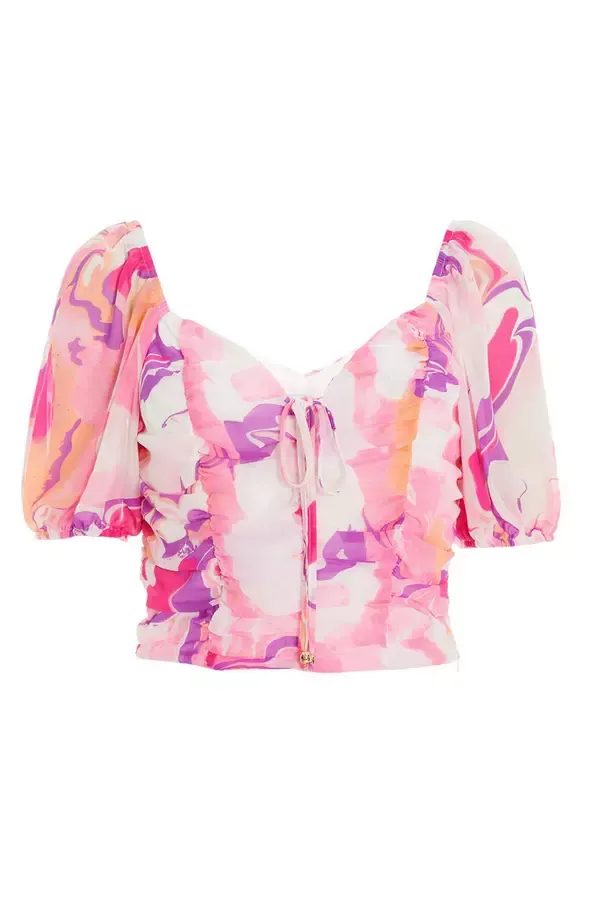 Quiz Clothing Tops Pink Satin Marble Print Lace Up Crop Top 8211 Women