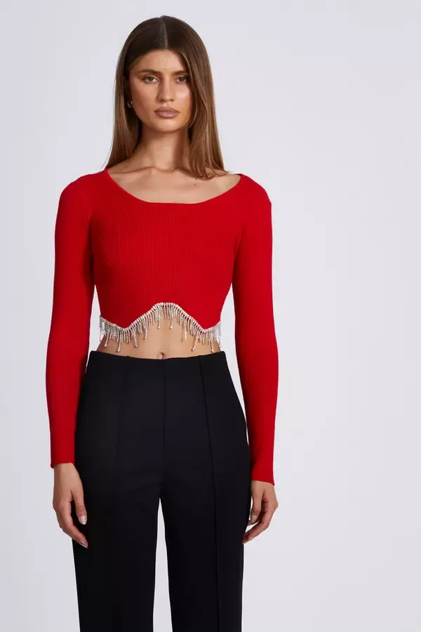 Quiz Clothing Tops Red Knit Diamante Crop Top 8211 Women