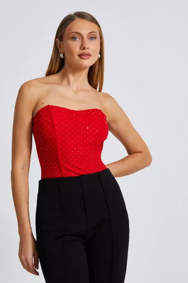 Quiz Clothing Tops Red Mesh Embellished Bodysuit 8211 Women