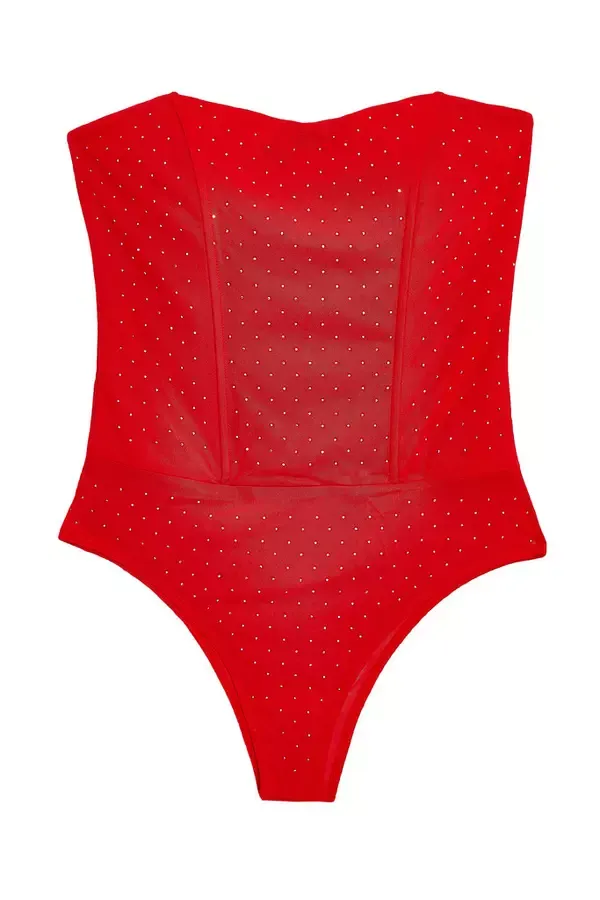 Quiz Clothing Tops Red Mesh Embellished Bodysuit 8211 Women
