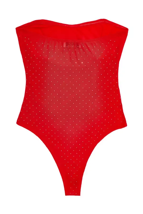 Quiz Clothing Tops Red Mesh Embellished Bodysuit 8211 Women