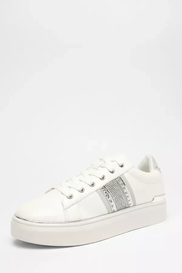 Quiz Clothing Trainers Silver Faux Leather Trim Trainers 8211 Women