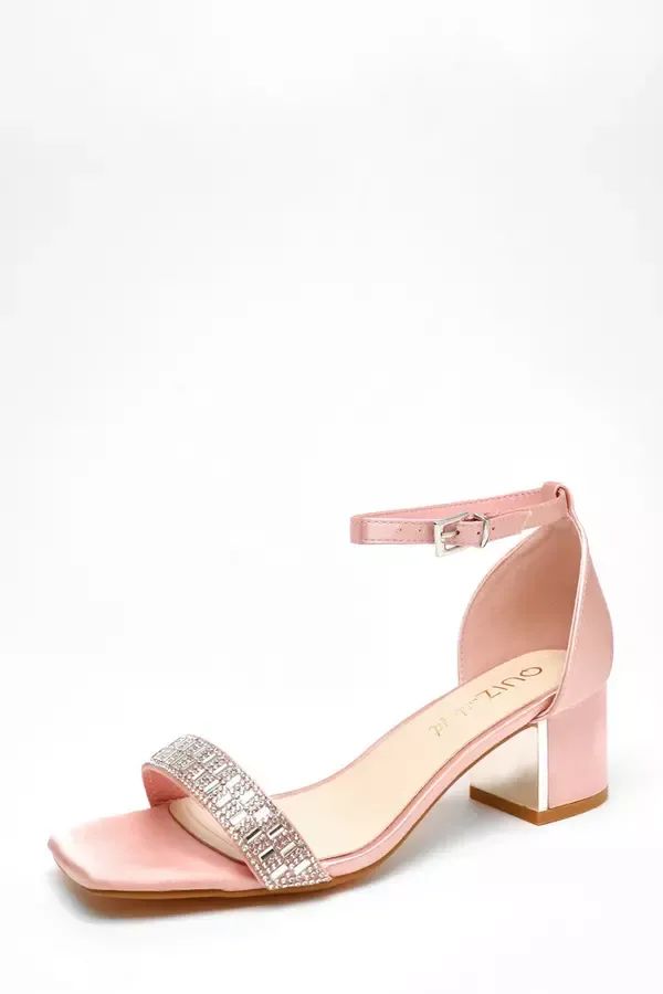 Quiz Clothing Wide Fit Wide Fit Pink Satin Diamante Low Block Heeled Sandals 8211 Women