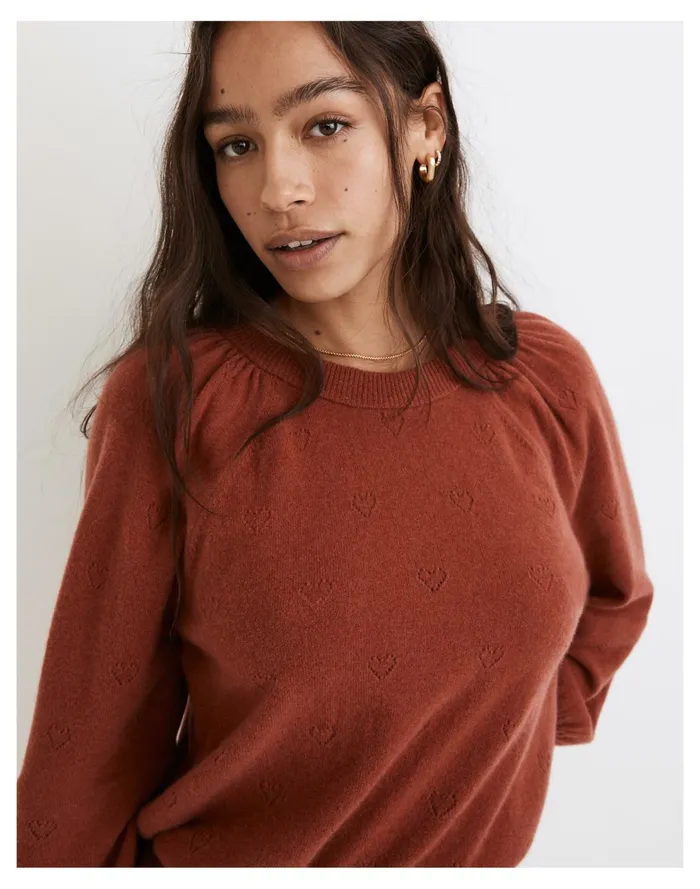 Resourced Cashmere Heart Pointelle Crewneck Sweater Weathered Brick Women Madewell Sweaters