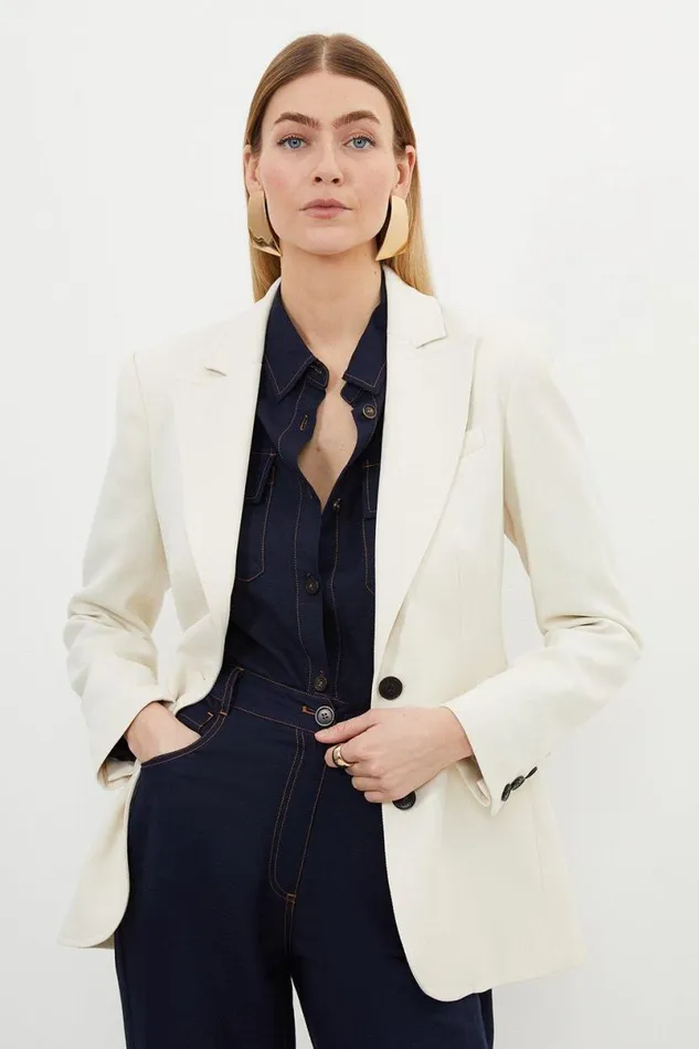 Relaxed Tailored Single Breasted Blazer Cream Women Karen Millen Suits