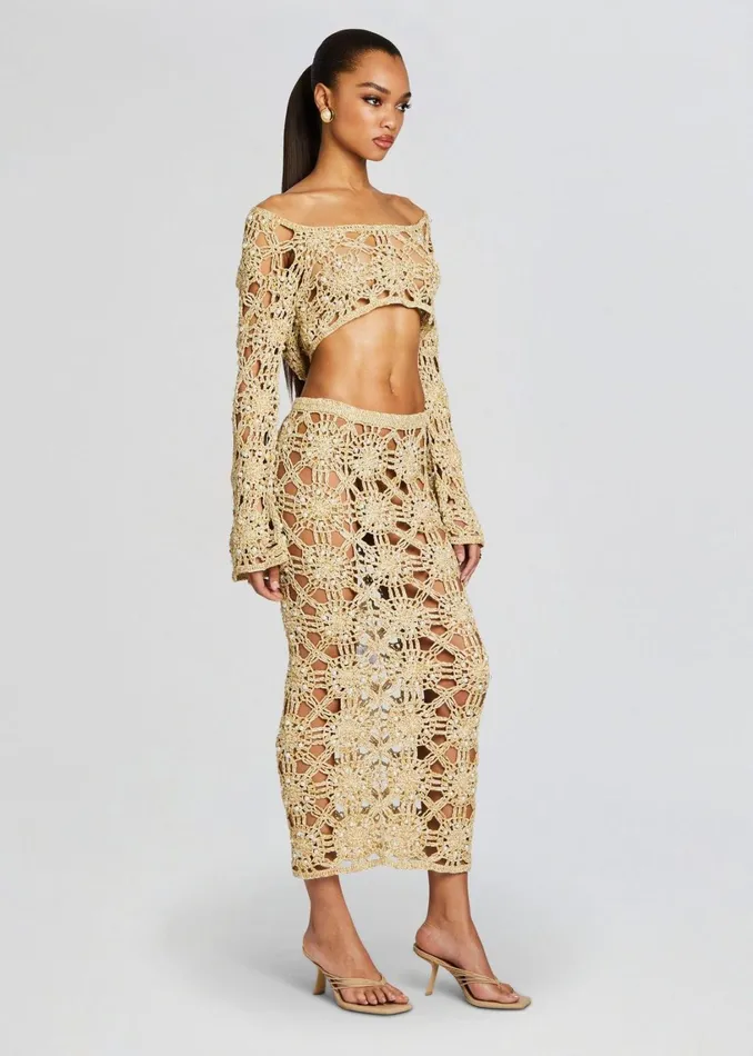 Retrofete Bottoms Sofie Knit Crochet Skirt Metallic Gold 8211 Women