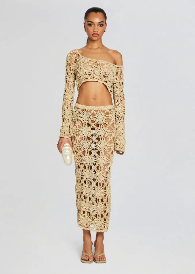 Retrofete Bottoms Sofie Knit Crochet Skirt Metallic Gold 8211 Women