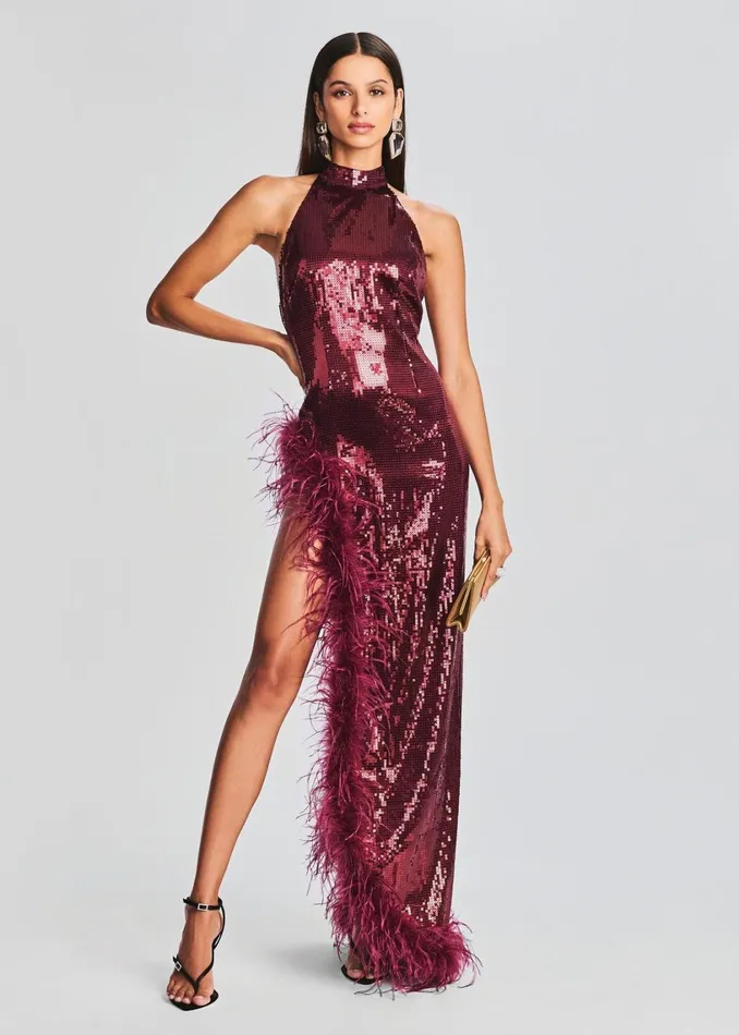 Retrofete Dresses Vixen Sequin Feather Dress Cabernet 8211 Women