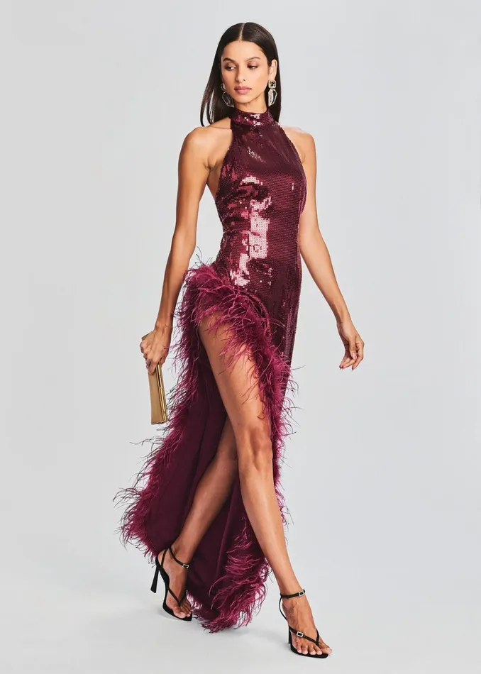 Retrofete Dresses Vixen Sequin Feather Dress Cabernet 8211 Women