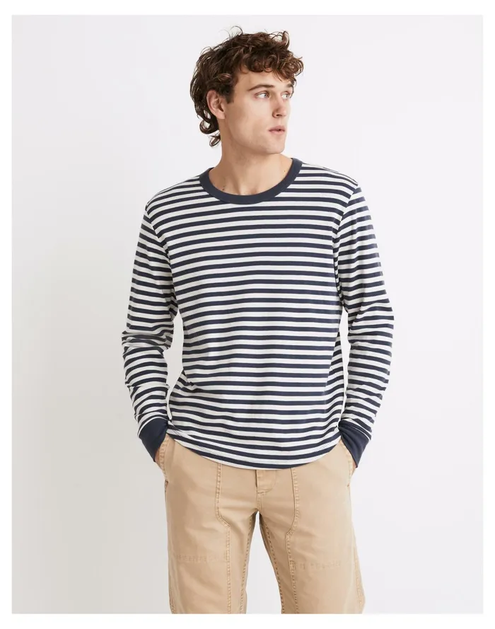 Ribbed Long Sleeve Relaxed Tee In Stripe Dark Baltic Stripe Men Madewell Tees