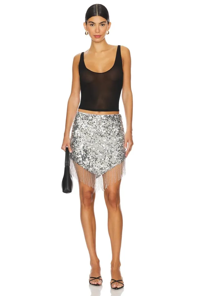 Riley Embellished Fringe Mini Skirt Disco Silver Women Lovers Friends Skirts