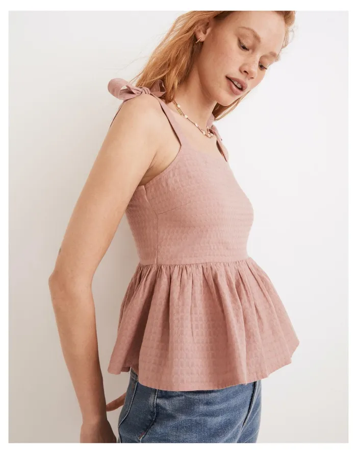 Rosalie Tie Strap Top In Textured Gingham Faded Mauve Women Madewell Tops and Shirts Rosalie Tie Strap Top In Textured Gingham Faded Mauve Women Madewell Tops and Shirts