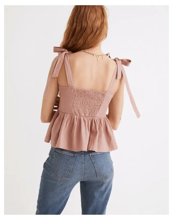 Rosalie Tie Strap Top In Textured Gingham Faded Mauve Women Madewell Tops and Shirts Rosalie Tie Strap Top In Textured Gingham Faded Mauve Women Madewell Tops and Shirts