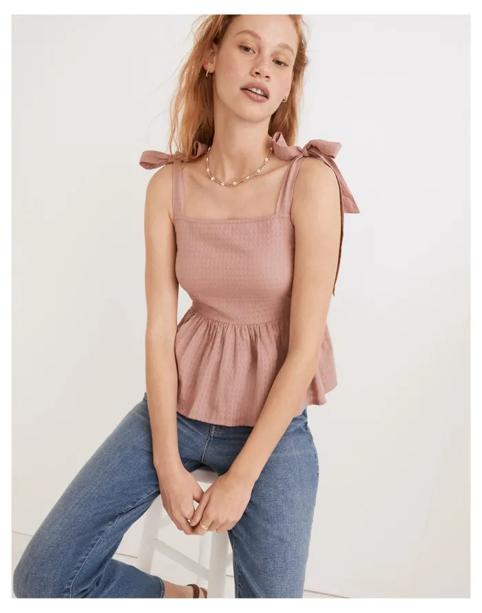 Rosalie Tie Strap Top In Textured Gingham Faded Mauve Women Madewell Tops and Shirts Rosalie Tie Strap Top In Textured Gingham Faded Mauve Women Madewell Tops and Shirts