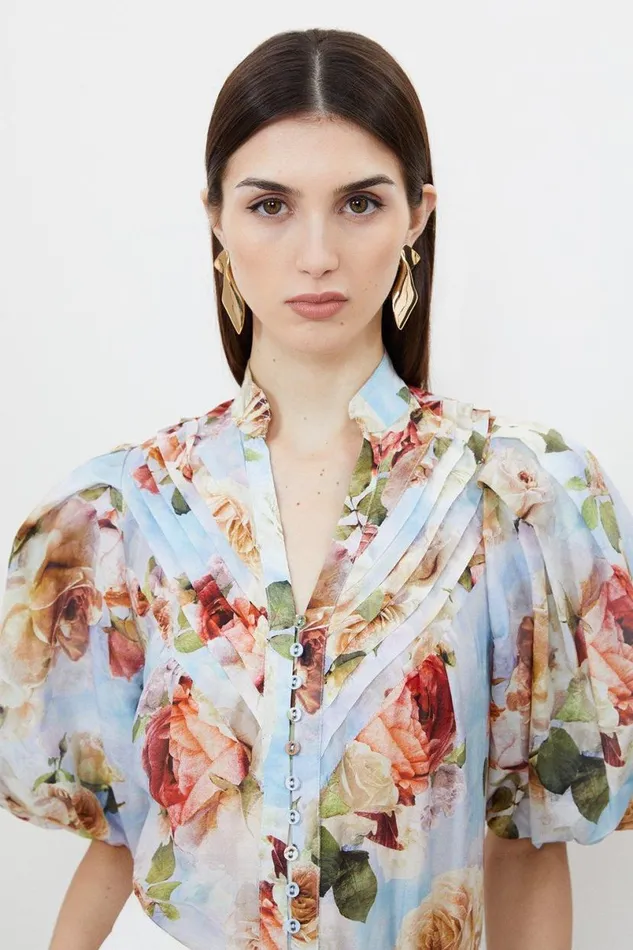 Rose Floral Silk Cotton Woven Blouse Floral Women Karen Millen Tops