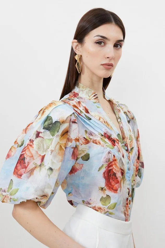 Rose Floral Silk Cotton Woven Blouse Floral Women Karen Millen Tops