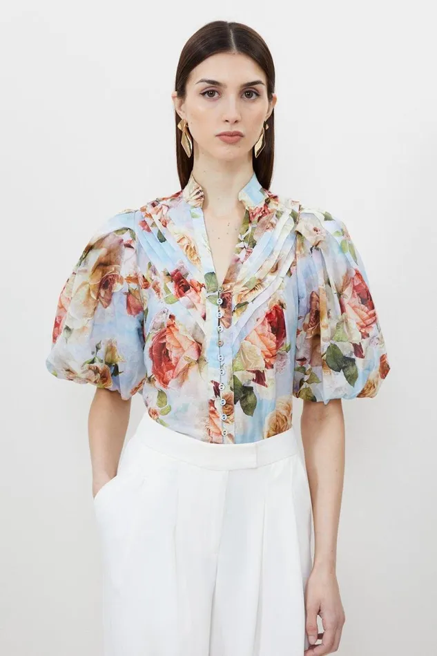 Rose Floral Silk Cotton Woven Blouse Floral Women Karen Millen Tops