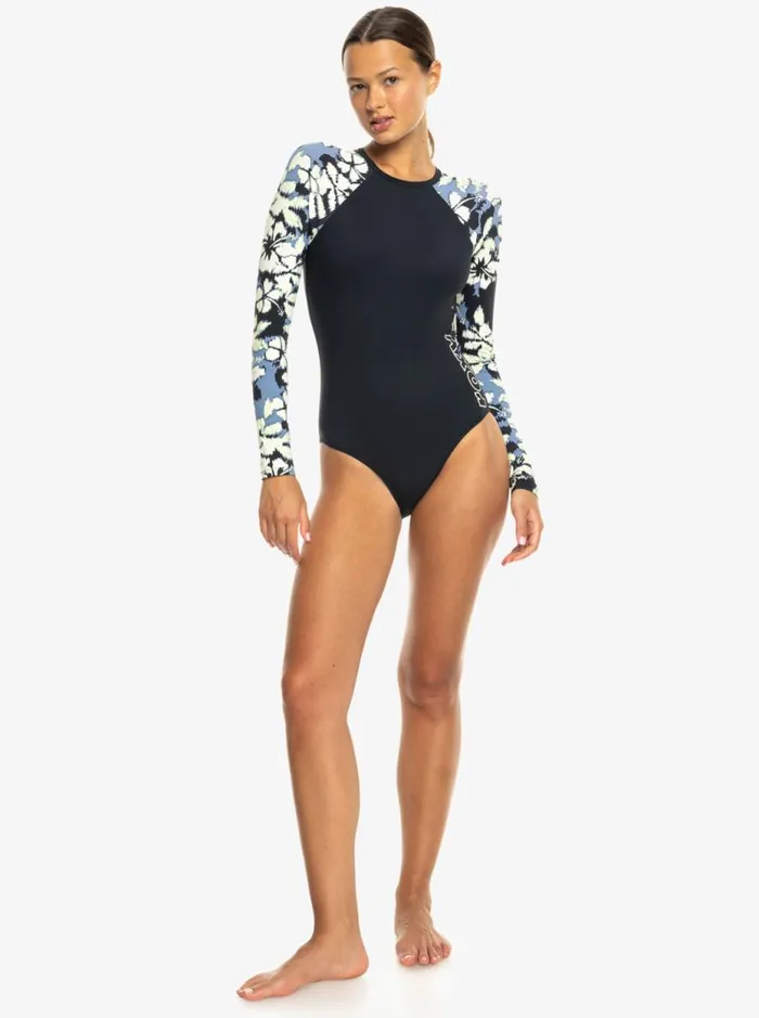 Roxy Active 8211 Long Sleeves OnePiece Swimsuit Wild Wind Hibiscus Mirage Women Roxy Rash Vests and Surf Tees