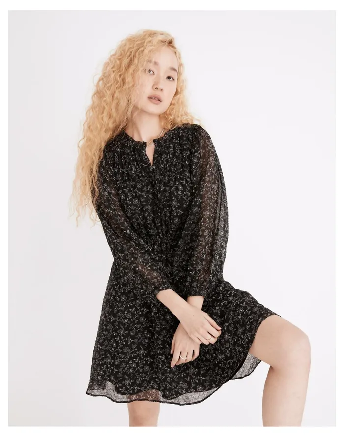 Ruffle Neck Button Front Mini Dress In Dotted Vines True Black Women Madewell Dresses