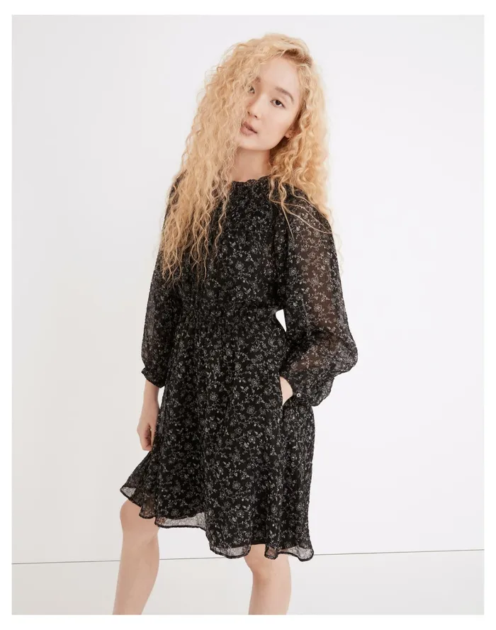 Ruffle Neck Button Front Mini Dress In Dotted Vines True Black Women Madewell Dresses