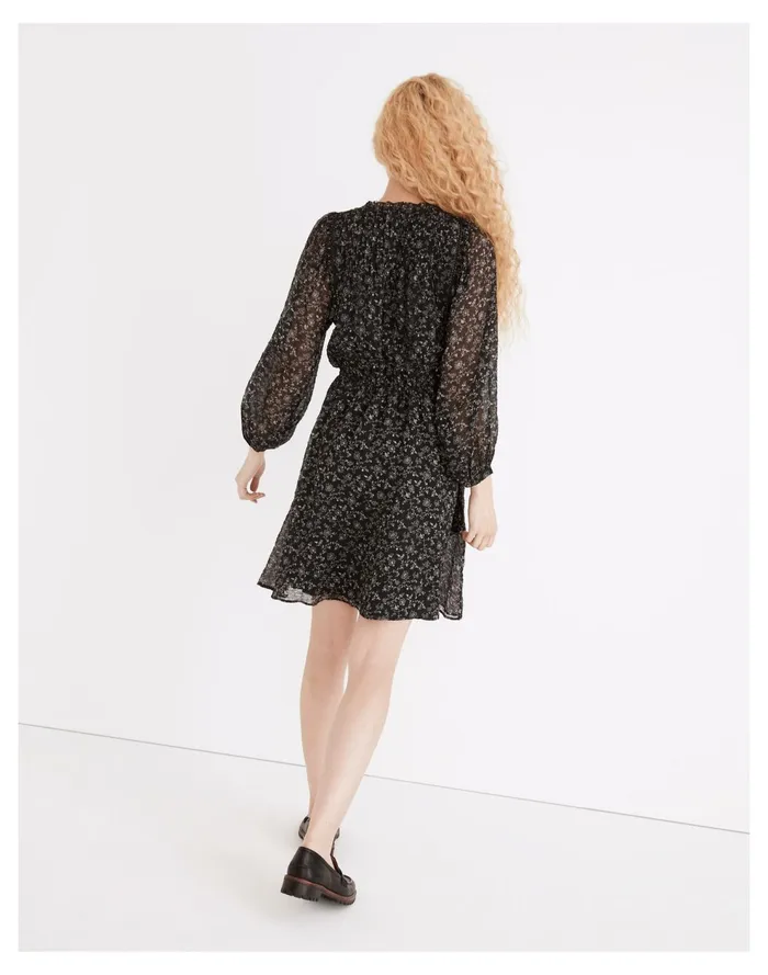 Ruffle Neck Button Front Mini Dress In Dotted Vines True Black Women Madewell Dresses