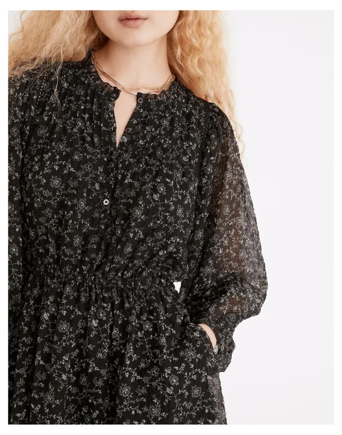 Ruffle Neck Button Front Mini Dress In Dotted Vines True Black Women Madewell Dresses