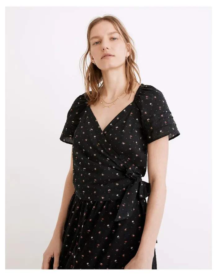Ruffle Sleeve Wrap Top In Spring Floral True Black Women Madewell Tops and Shirts Ruffle Sleeve Wrap Top In Spring Floral True Black Women Madewell Tops and Shirts