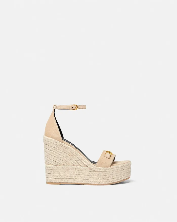 Sandals Women Versace Medusa 03995 Suede Wedge Sandals 120 Mm Beige