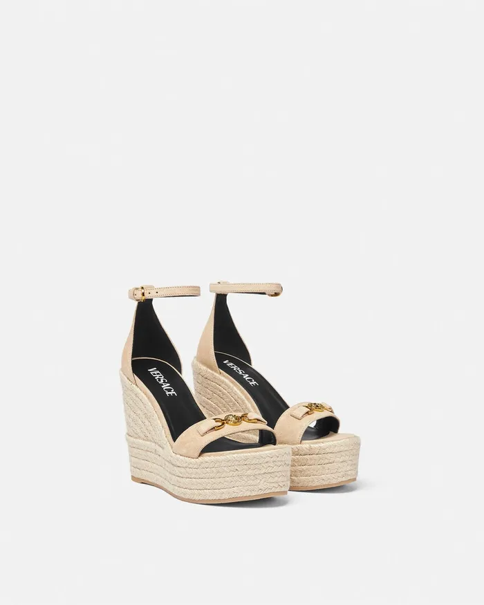 Sandals Women Versace Medusa 03995 Suede Wedge Sandals 120 Mm Beige