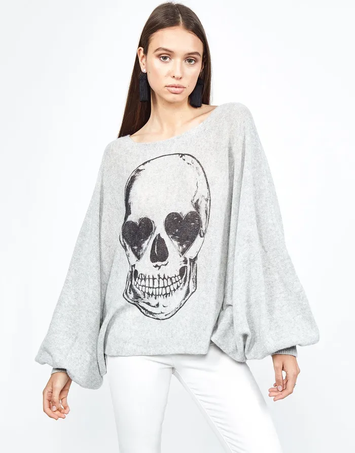 Sash Heart Eye Skull Heather Grey Women039s Lauren Moshi Sweaters and Knits