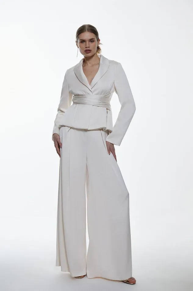 Satin Back Crepe Belted Wrap Jacket and Trouser Set Navy Women Karen Millen CoOrds