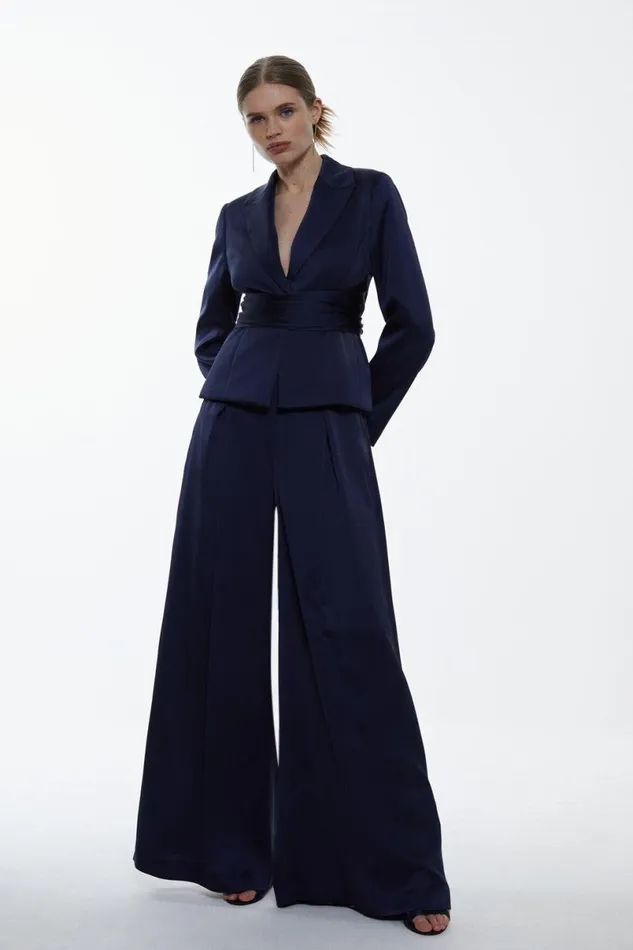 Satin Back Crepe Belted Wrap Jacket and Trouser Set Navy Women Karen Millen CoOrds