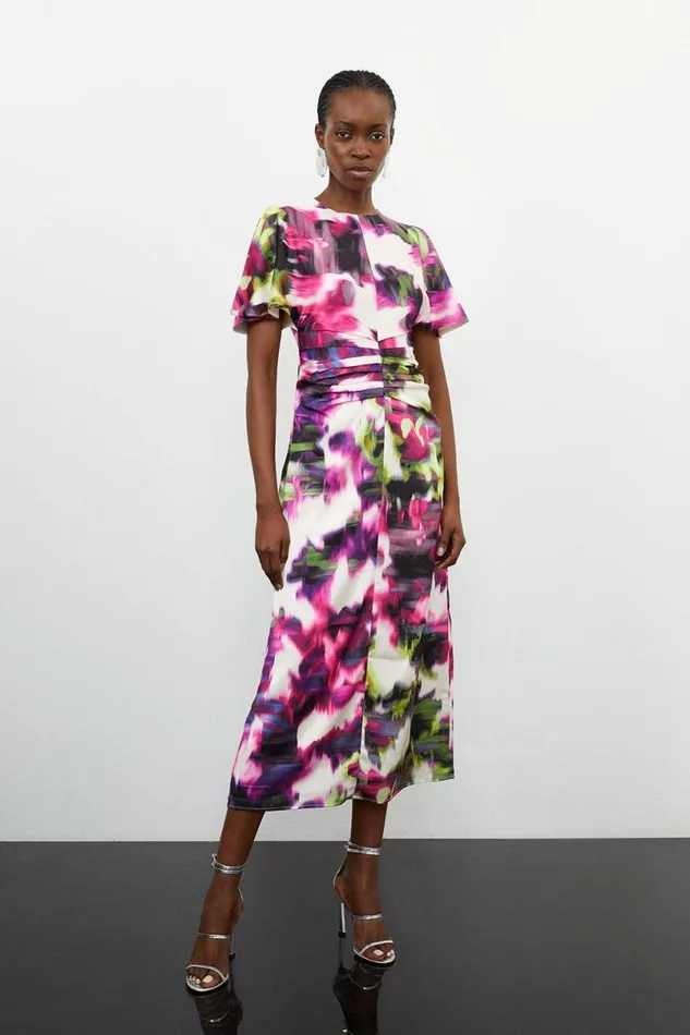 Satin Blurred Floral Print Woven Angel Sleeve Midi Dress Floral Women Karen Millen Dresses Satin Blurred Floral Print Woven Angel Sleeve Midi Dress Floral Women Karen Millen Dresses