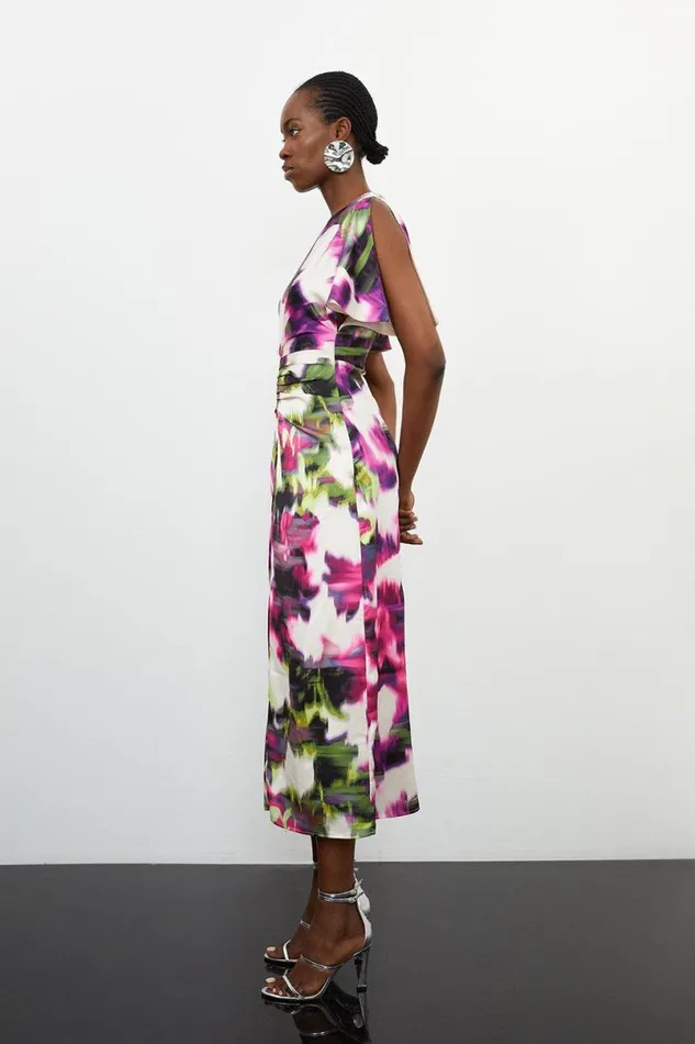 Satin Blurred Floral Print Woven Angel Sleeve Midi Dress Floral Women Karen Millen Dresses