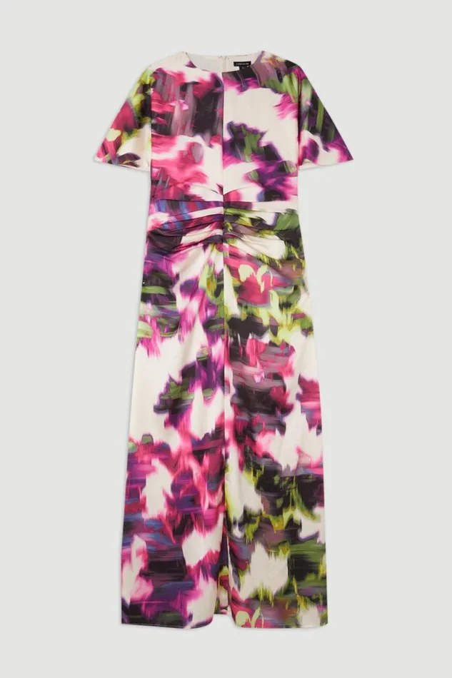 Satin Blurred Floral Print Woven Angel Sleeve Midi Dress Floral Women Karen Millen Dresses